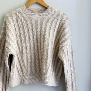 House of Harlow 1960 Cropped Oversized Cable Knit Sweater Beige Tan Women's XS